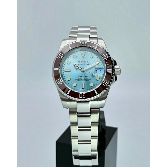 Custom Seiko Mod • Platinum Ice Blue Brown Ceramic Bezel Submariner • 40mm